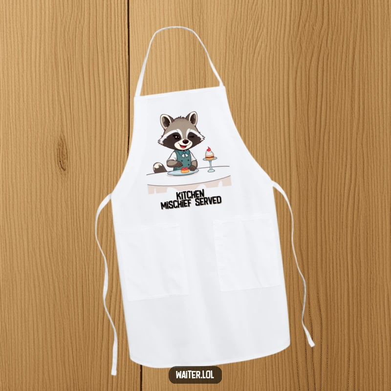 Funny Raccoon Waiter Apron: Winking raccoon waiter slides a tiny dessert across a table, perfect for kitchen use.