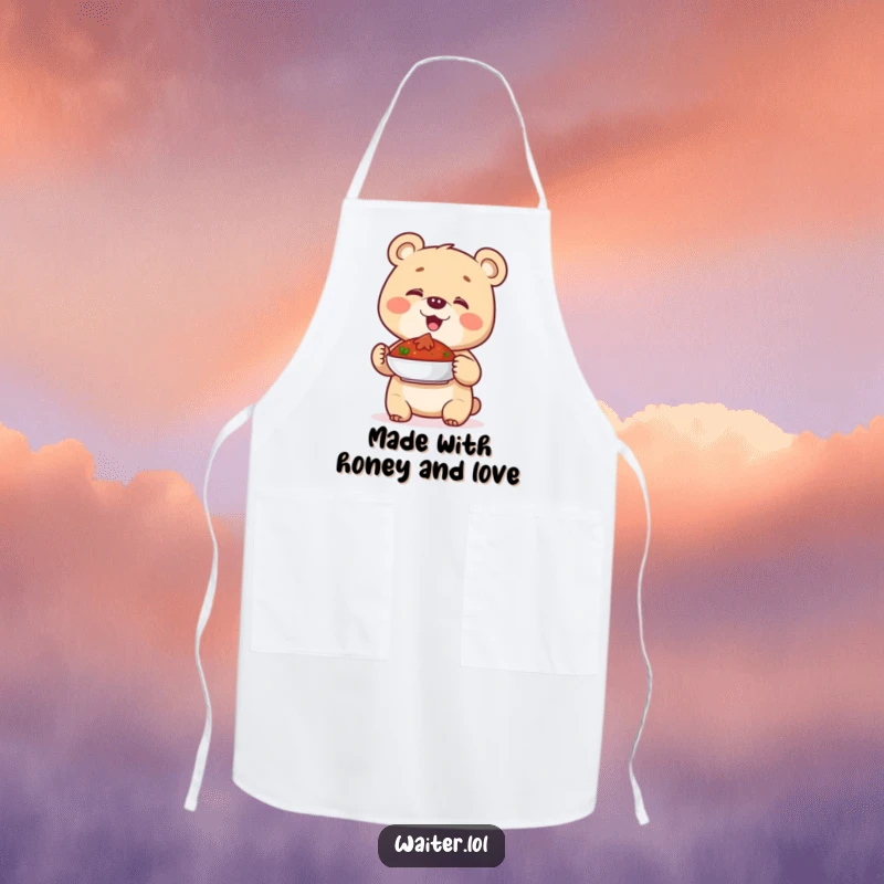 Funny apron with a giggling bear cub proudly presenting a dish, ready for kitchen adventures and laughs.