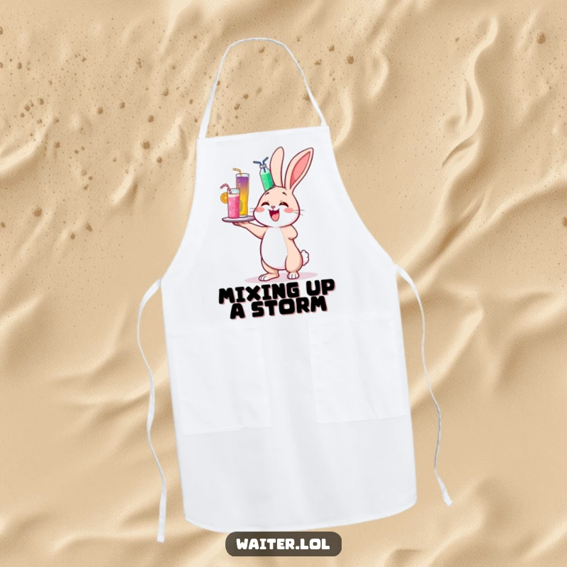 Funny apron showing a cheerful bunny delightedly wobbling while balancing a towering tray of colorful drinks.