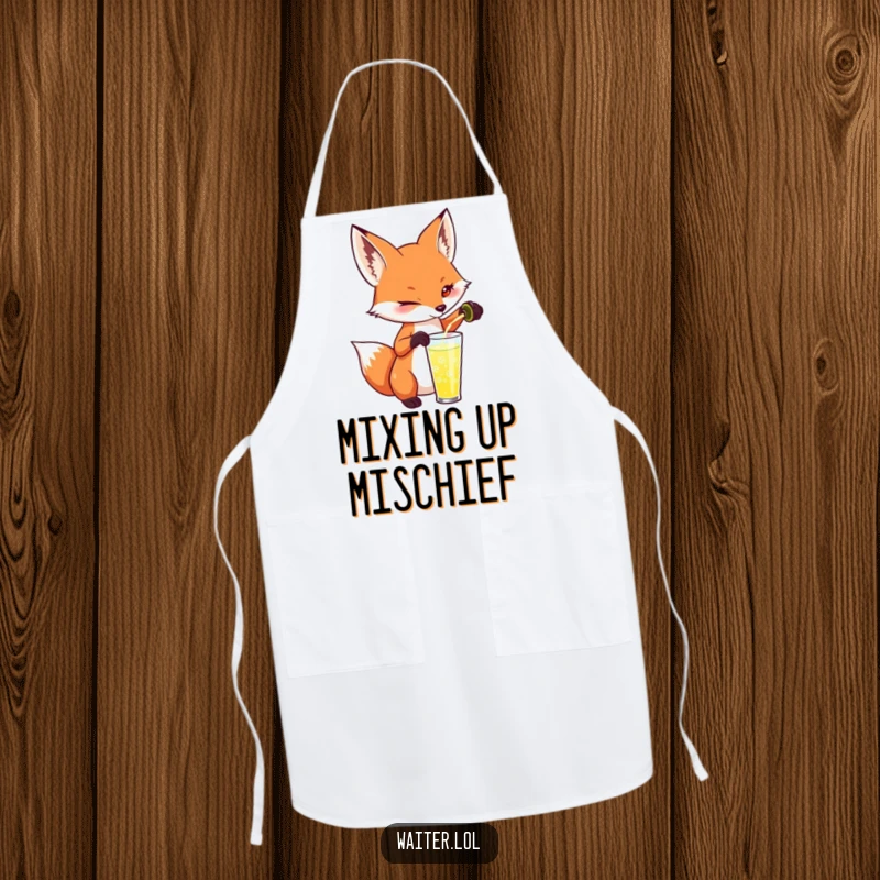 Funny fox apron showing a playful fox pouring a drink with a mischievous twinkle, ideal for chefs who enjoy witty kitchenware.