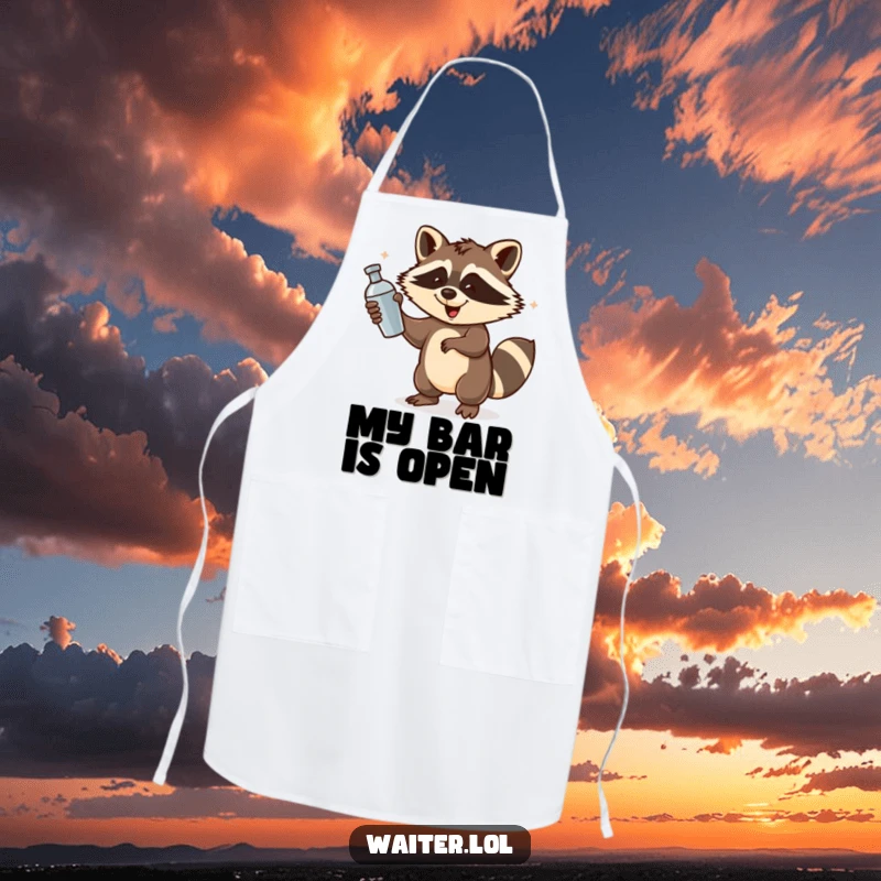 Funny Raccoon Bartender Apron: A playful raccoon spins a cocktail shaker with energetic flourish, perfect for hosting duties.