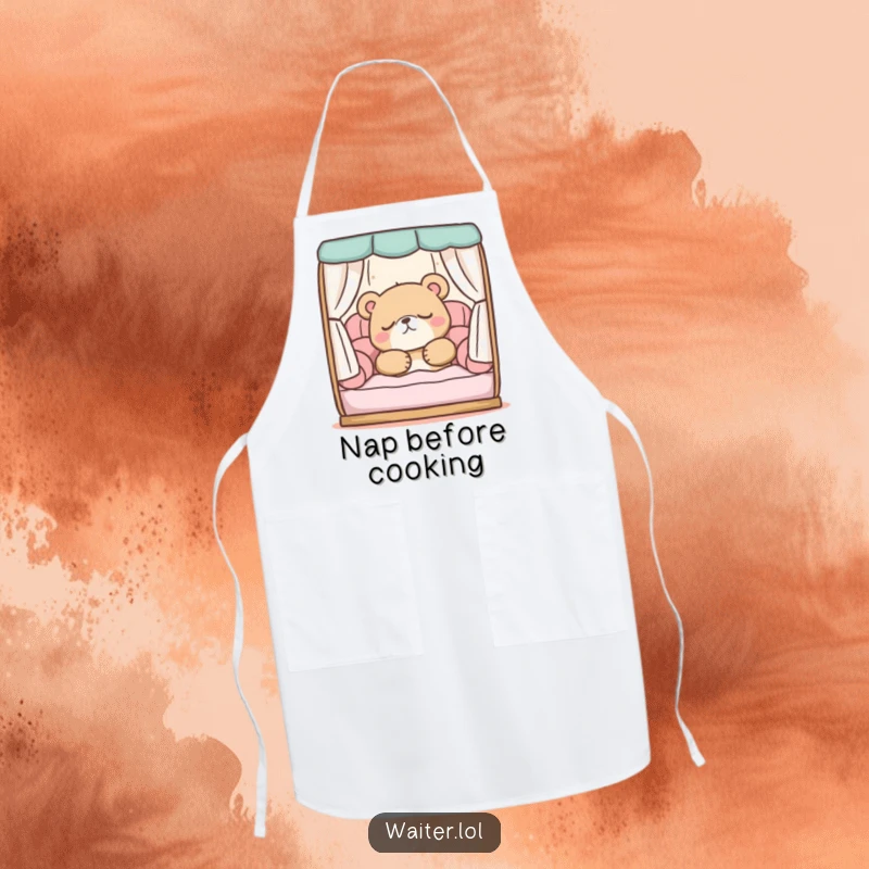 Funny apron showing a sleepy bear character peacefully snoozing in a comfortable booth, bringing cozy vibes to the kitchen.