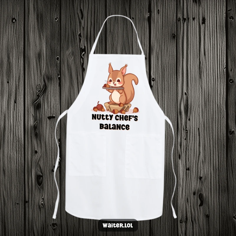 Funny Apron showing a squirrel comically struggling to balance a tray full of acorns while cooking, adding humor to the kitchen.