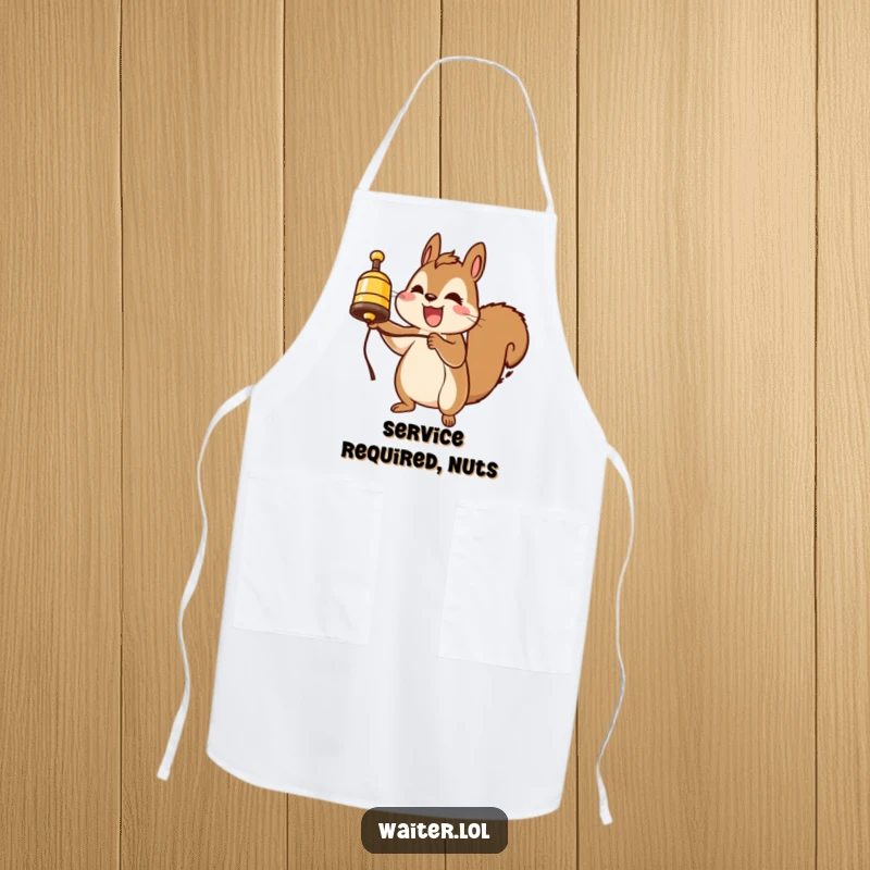 Funny squirrel apron, enthusiastically ringing a service bell while cooking, a humorous and practical kitchen accessory.