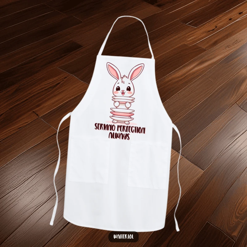 Funny apron with a happy bunny character, its ears wobbly as it balances a tower of plates in the kitchen.