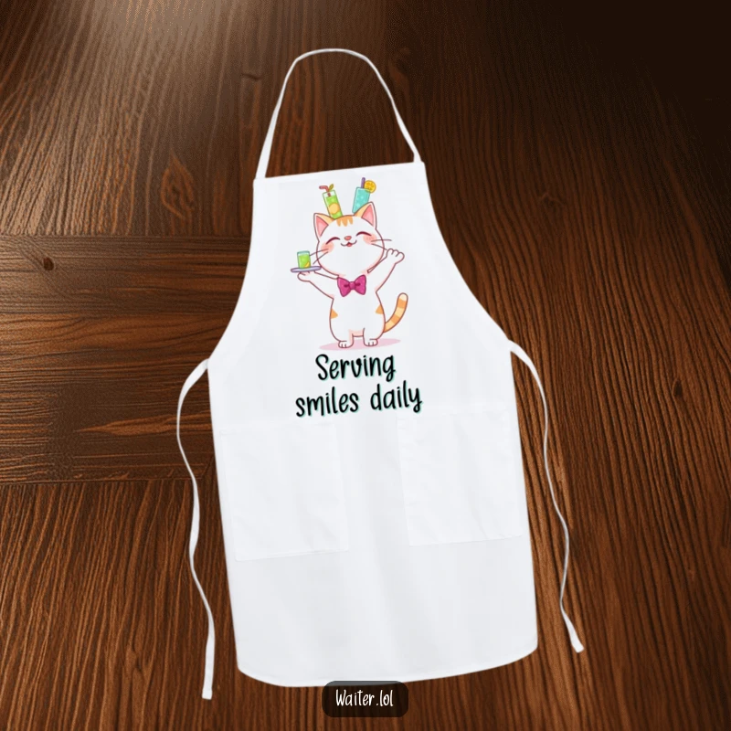 Funny chef apron showing a cheerful cartoon cat in a bowtie, happily wobbling a large tray of drinks.
