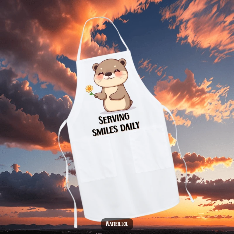 Funny otter apron, a giggling otter presenting a single, tiny flower with a flourish, practical and cheerful kitchen wear.