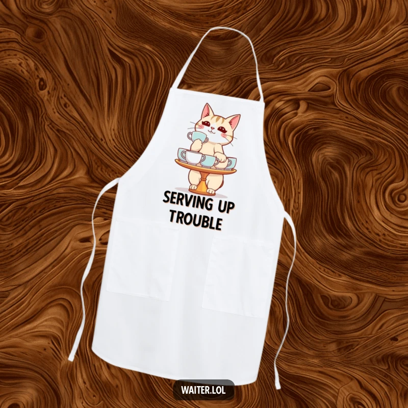 Funny cat apron showing a determined cat balancing a tray of teacups, ideal for chefs who enjoy humorous kitchenware.