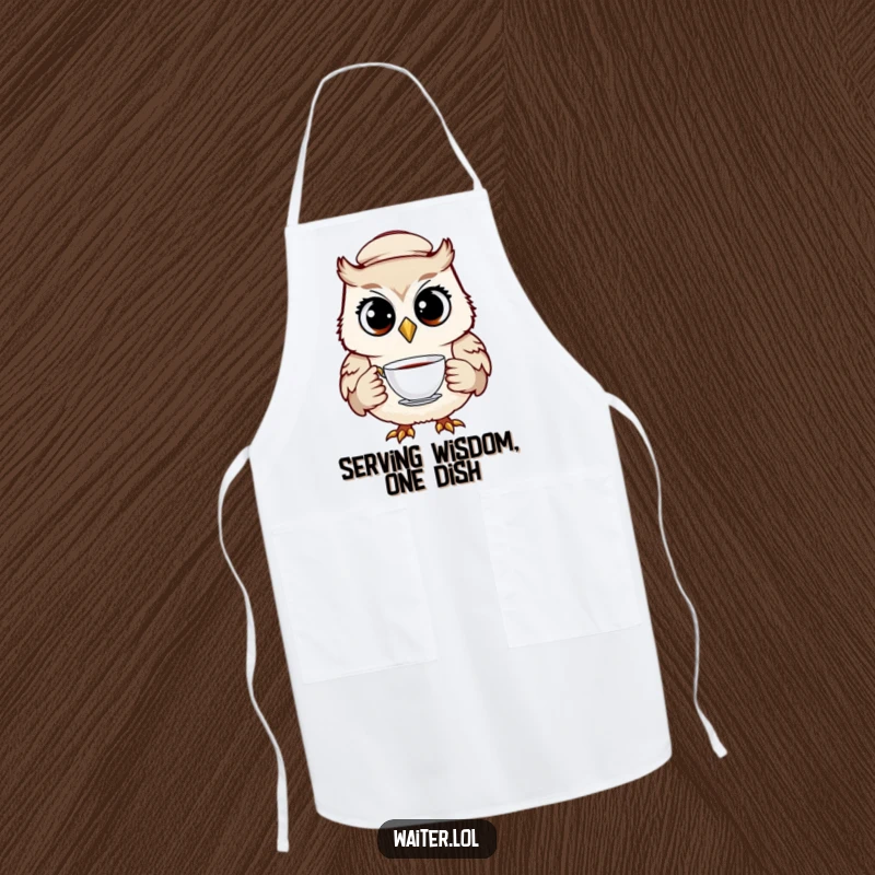 Funny owl waiter apron showing a cheerful bird in a cap, holding a teacup with wide, knowing eyes, for culinary humor.