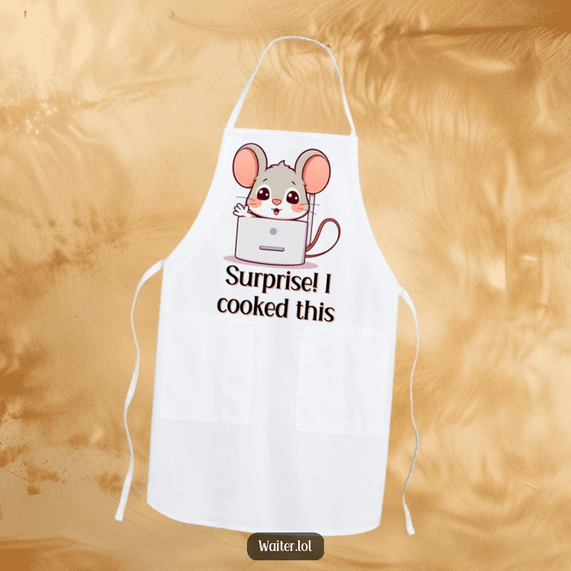 Funny Apron showing a surprised mouse popping out from behind a napkin dispenser with a welcoming gesture, perfect for hosts who love humor.