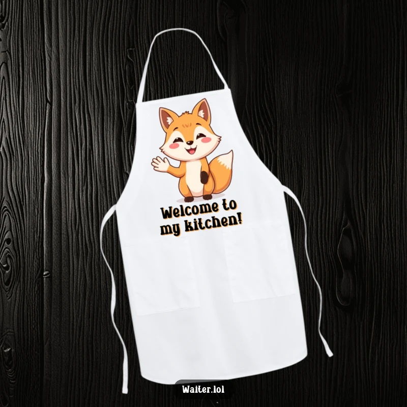 Funny Fox Apron: A smiling fox offers a warm, open-palmed greeting, perfect for a friendly baker or cook.