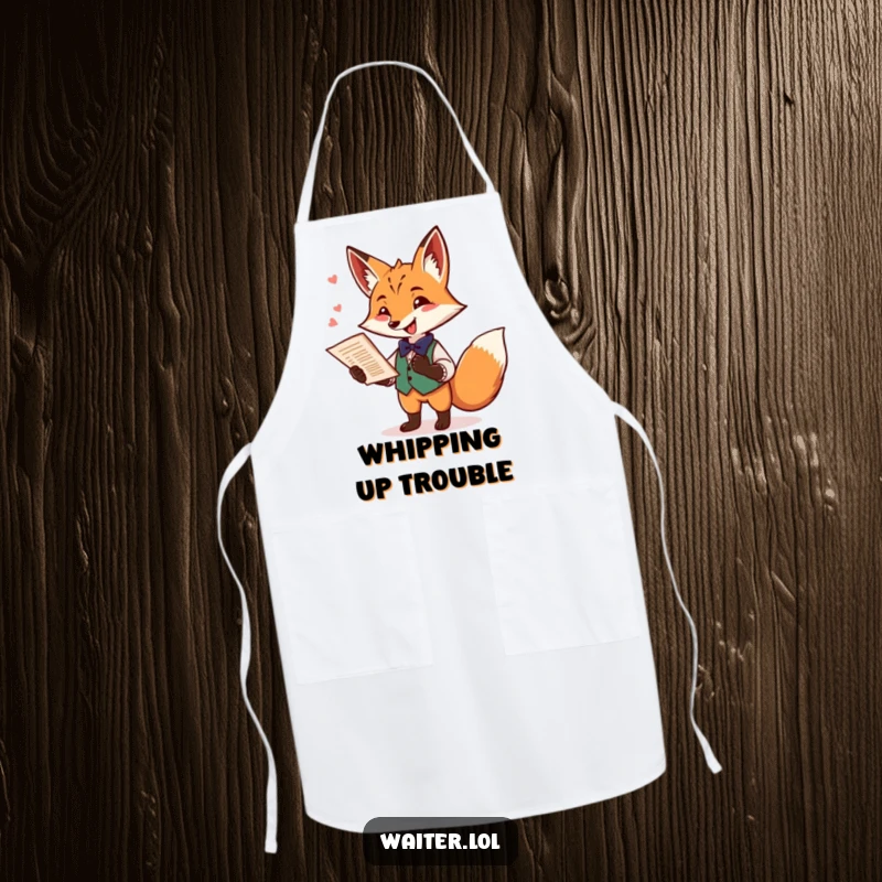 Funny fox waiter apron showing a playful fox offering a menu with a flourish and a mischievous twinkle, for culinary amusement.