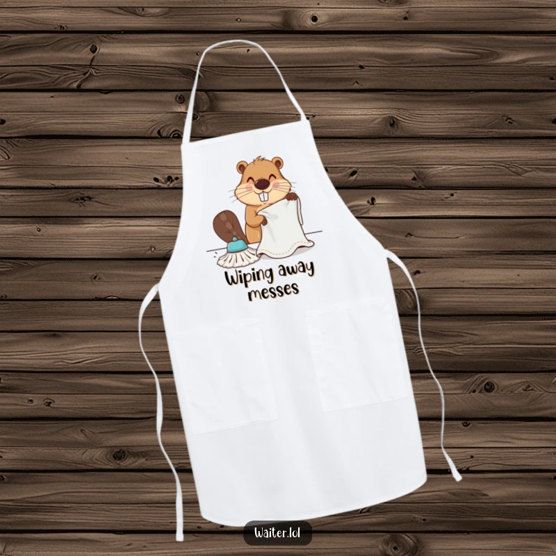 Funny determined beaver vigorously wiping a table with a large cloth on a kitchen apron, emphasizing industrious cleaning.
