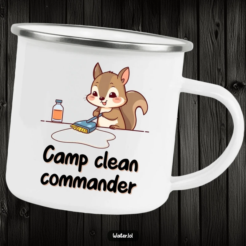 Funny squirrel camping mug showing a determined squirrel scrubbing a table, ideal for campers who appreciate clever design.