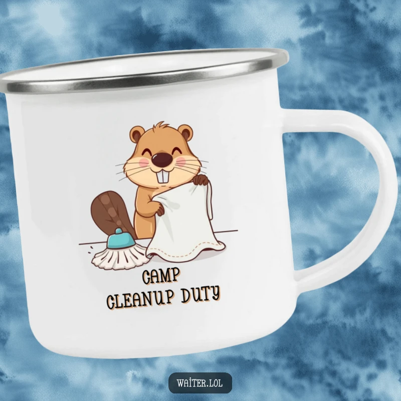 Funny determined beaver vigorously wiping a table with a large cloth on a camping mug, for humorous outdoor tasks.