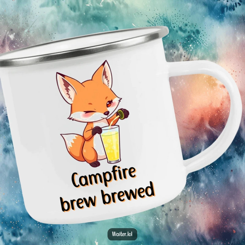 Funny fox camping mug showing a playful fox pouring a drink with a mischievous twinkle, ideal for campers who appreciate clever design.