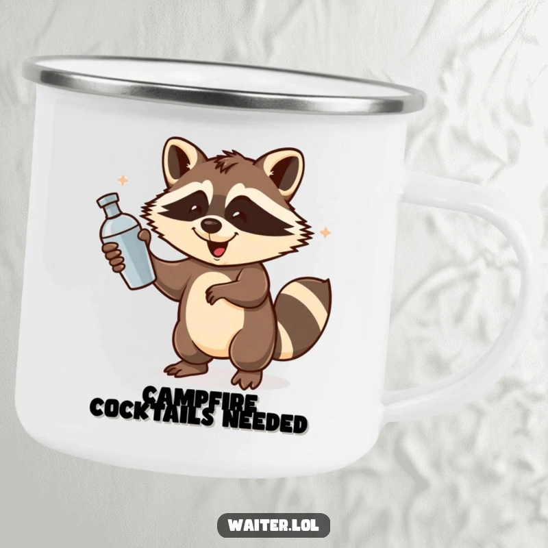 Funny Raccoon Bartender Camping Mug: A playful raccoon spins a cocktail shaker with energetic flourish, ready for outdoor fun.