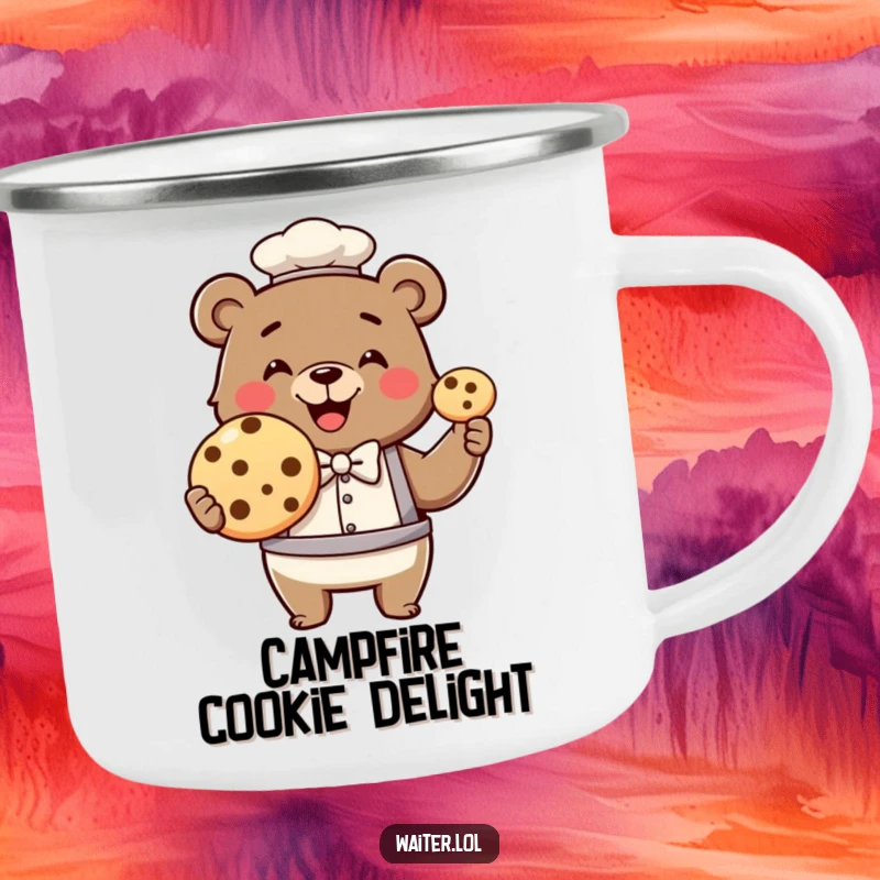 Funny bear waiter camping mug, a smiling bear wearing a bowtie proudly presents a single, enormous cookie outdoors.