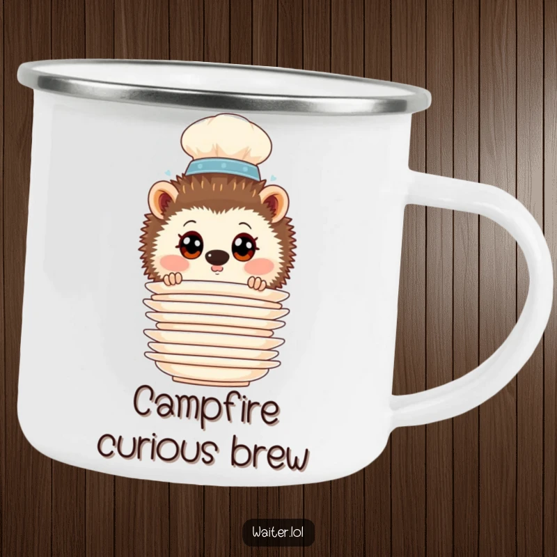 Funny Hedgehog Waiter Camping Mug: Curious hedgehog waiter peering from behind plates, ideal for outdoor beverage enjoyment.