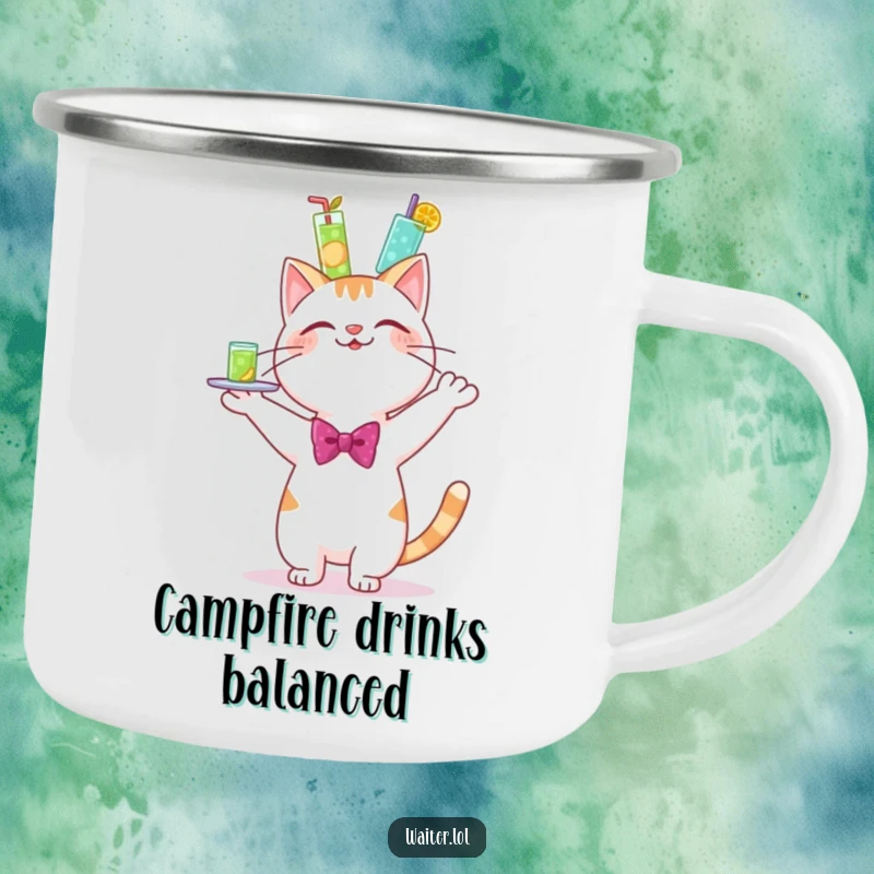 Funny enamel camping mug depicting a cheerful cartoon cat in a bowtie, happily wobbling a huge tray of drinks.