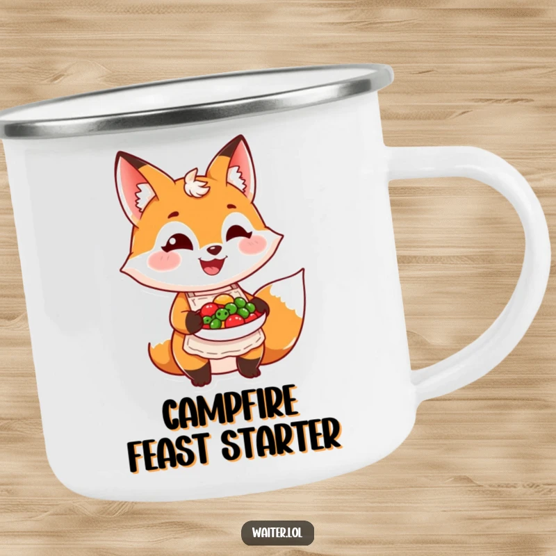 Funny grinning fox in an apron proudly presents a colorful dish on a camping mug, for humorous outdoor dining.