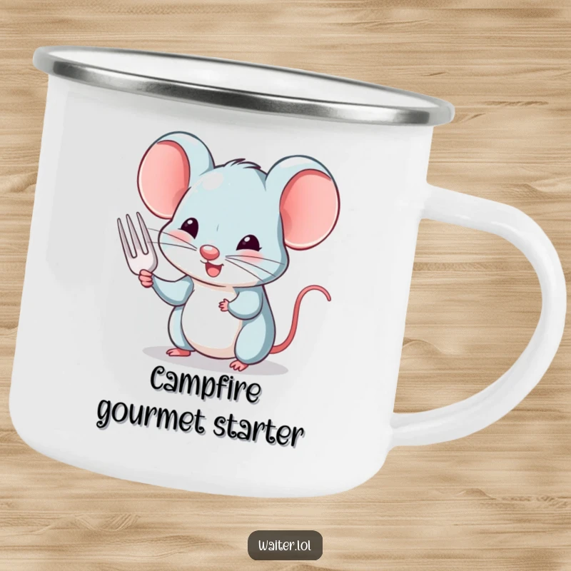 Funny and durable camping mug featuring a charming mouse politely nodding and offering a tiny fork, perfect for outdoor humor.