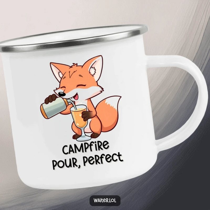 Funny playful fox pouring a drink with an exaggerated flourish on a camping mug, perfect for outdoor entertaining, a funny gift.