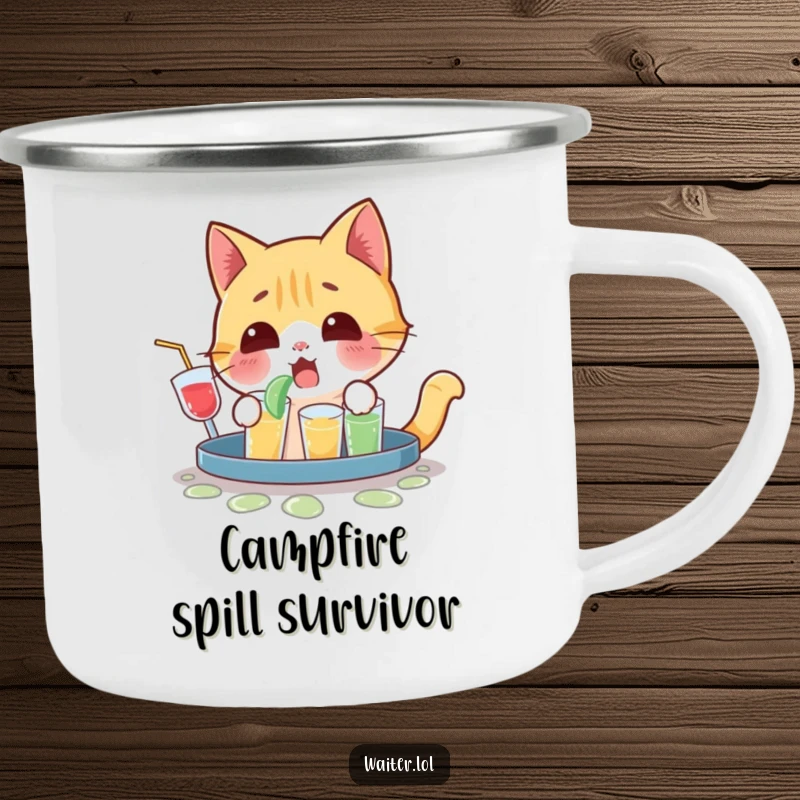 Funny enamel camping mug featuring a playful cat character yelping in surprise after spilling drinks around a campfire.