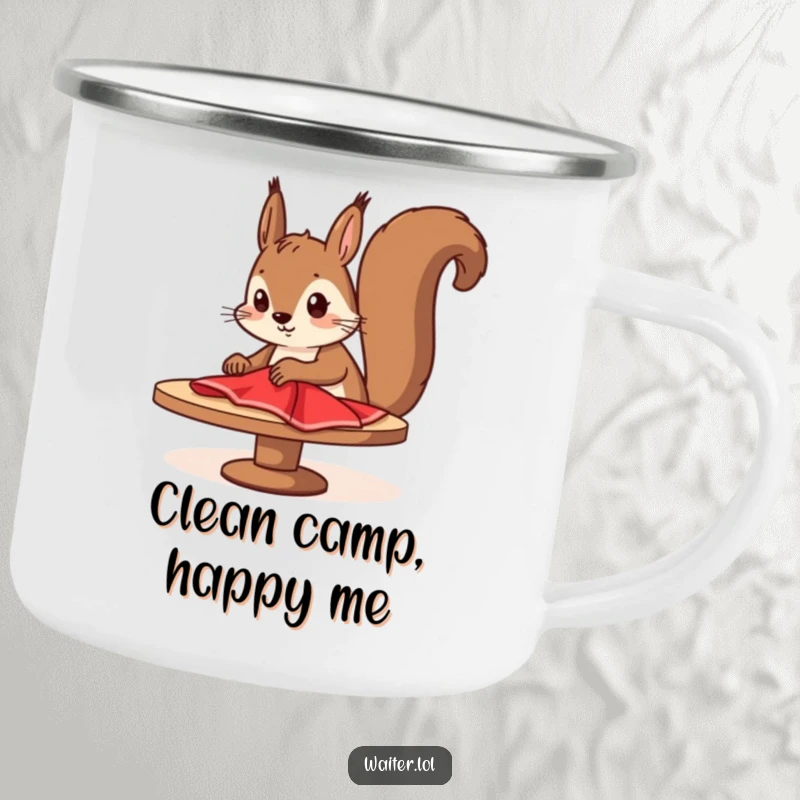 Funny squirrel cleaner camping mug with a determined cartoon squirrel diligently wiping a table with a red cloth, durable and humorous for outdoors.