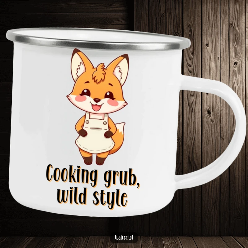Funny fox apron camping mug with a charming fox wearing an apron and smiling broadly, ready for adventures.