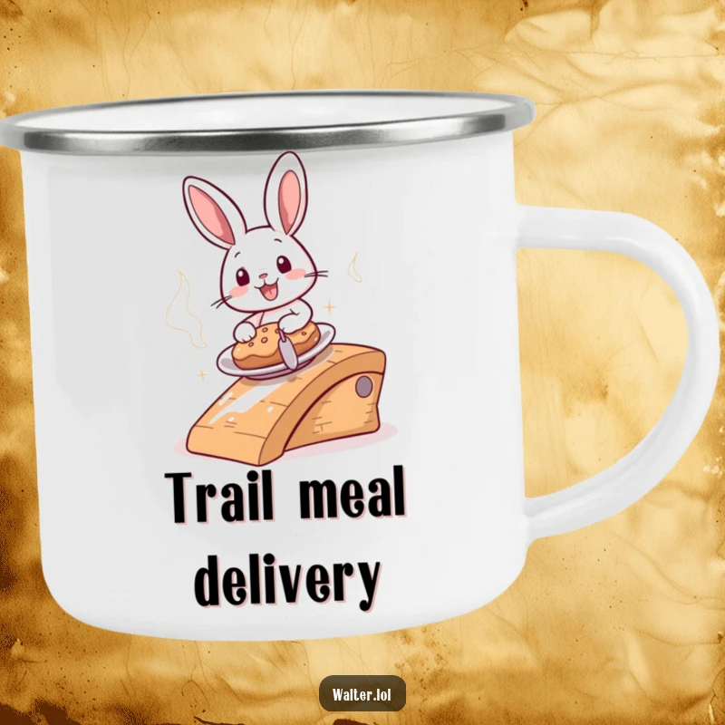 Funny cheerful bunny sliding a steaming plate down a ramp on a camping mug, for humorous outdoor dining and speed.