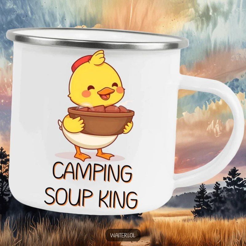 Funny happy duck camping mug, a proud duck carrying a steaming bowl, a durable and funny companion for outdoor meals.