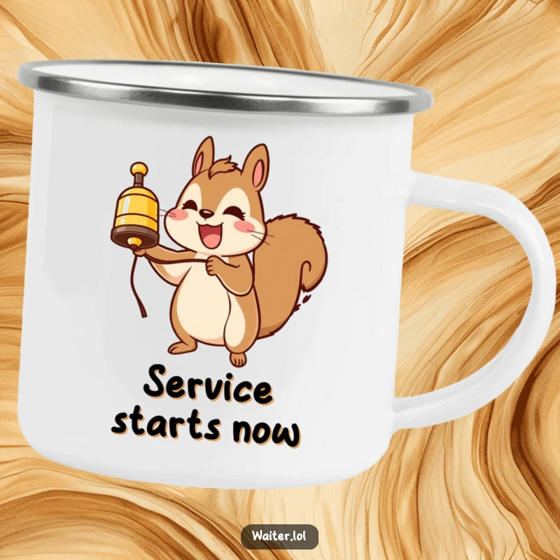 Funny squirrel camping mug, enthusiastically ringing a service bell by a campfire, a durable and funny companion.