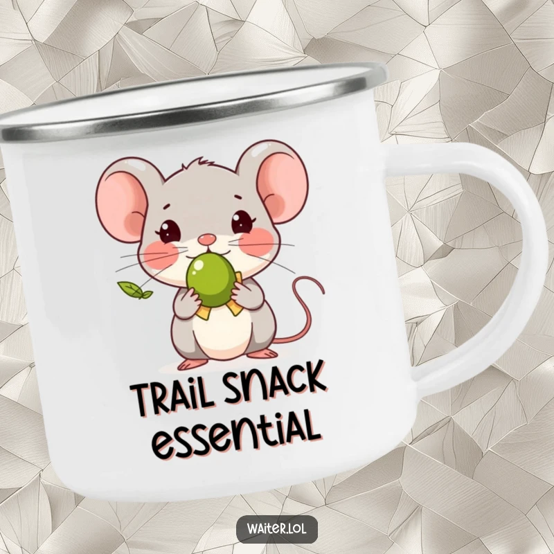 Funny tiny mouse character bowing politely, offering one olive, on a sturdy camping mug for outdoor fun.