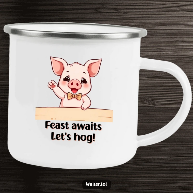 Funny Piglet Waiter Camping Mug: A piglet in a bowtie enthusiastically gestures towards a table, ready for outdoor enjoyment.