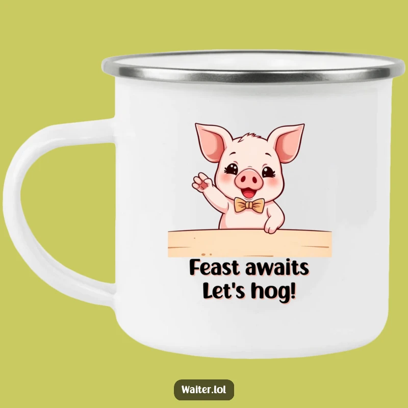 Funny Piglet Waiter Camping Mug: Rustic Bowtie Piggy, Enthusiastic Sips, Great Funny Gift
