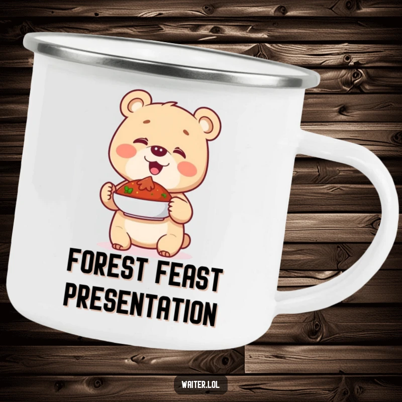 Funny camping mug featuring a giggling bear cub proudly presenting a dish, perfect for outdoor adventures and laughs.