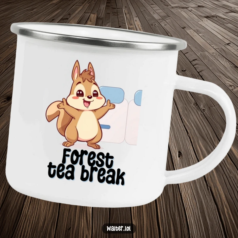 Funny enamel camping mug featuring an energetic squirrel character with wide eyes, enthusiastically refilling a teacup outdoors.