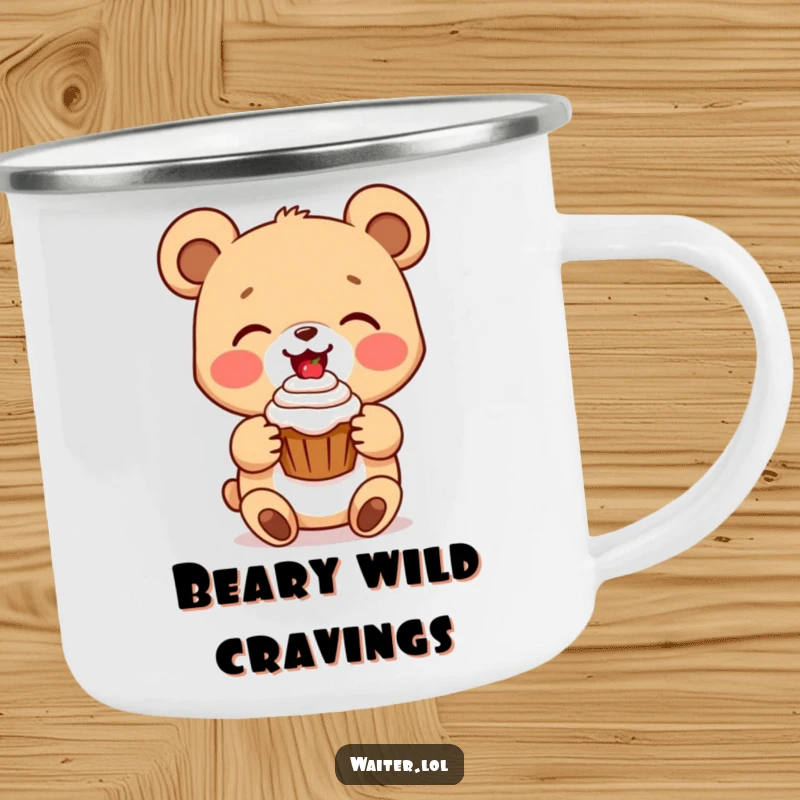 Funny bear cub camping mug with a delighted cartoon bear presenting a perfect cupcake with a beaming smile, durable and charming for outdoors.