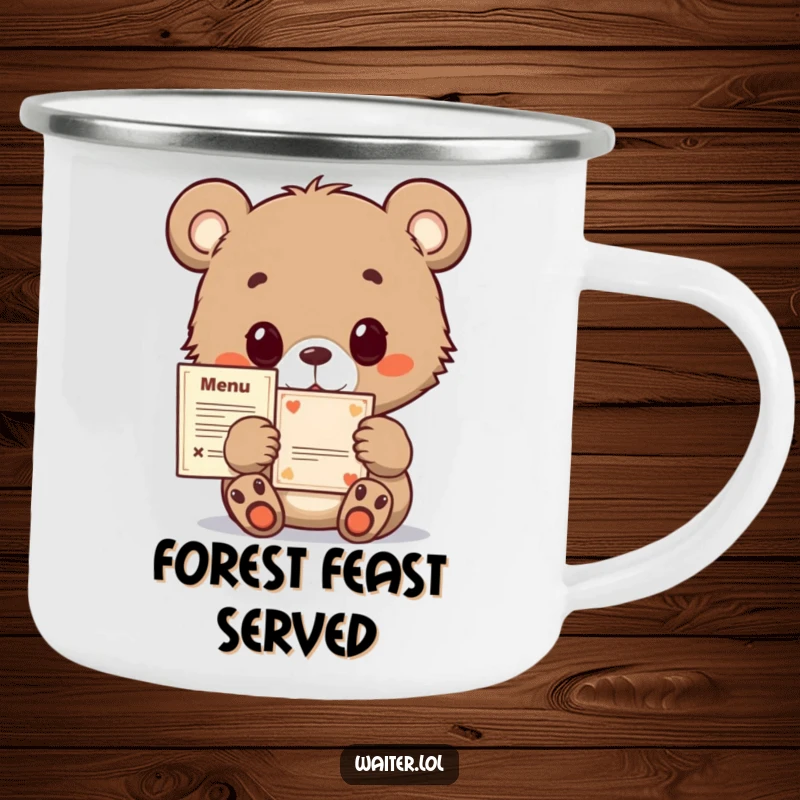 Funny bear cub camping mug, looking hopeful while offering a menu, designed for outdoor adventures and cheerful sipping.