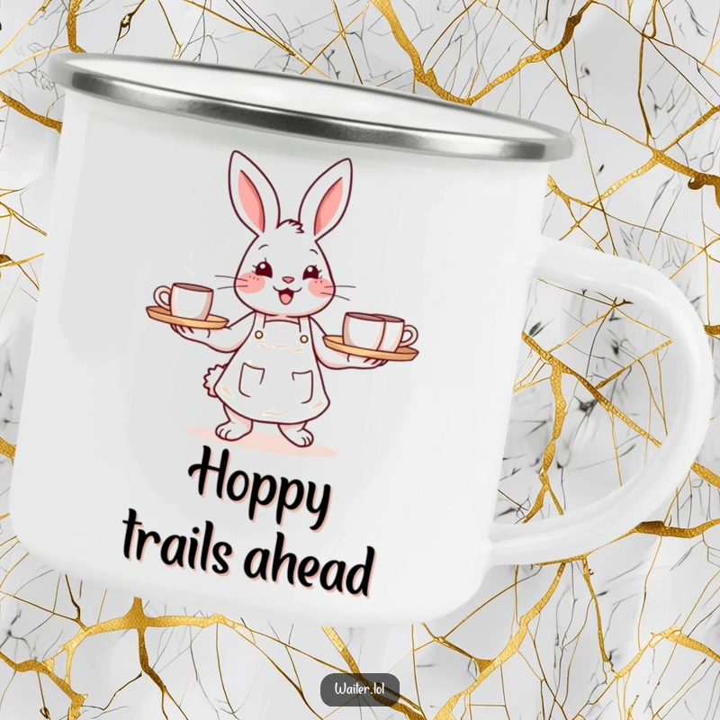 Funny camping mug with a happy bunny in an apron carrying a tray of steaming mugs, for outdoor lovers.