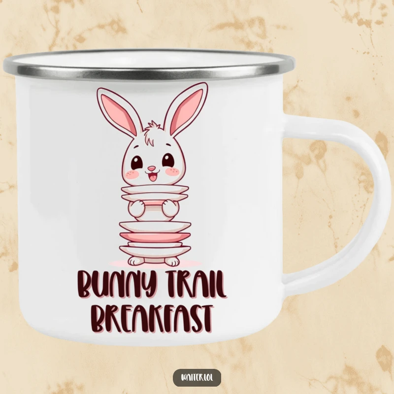 Funny enamel camping mug featuring a happy bunny character with wobbly ears balancing a stack of plates during an outdoor scene.