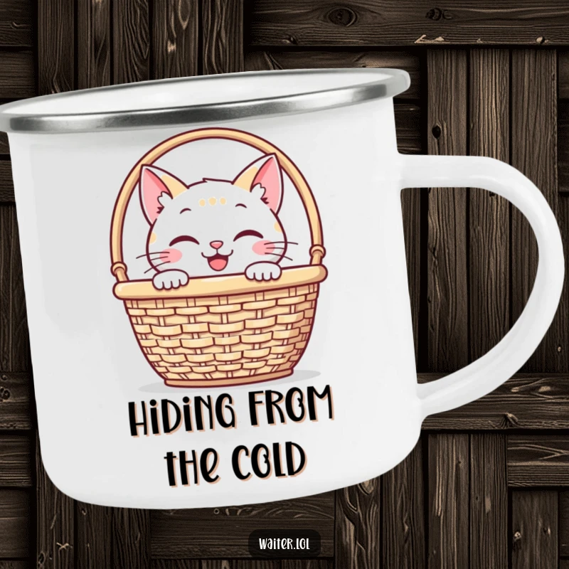 Funny camping mug with a smiling cat peeking from behind a napkin basket, perfect for outdoor adventures and humorous drinks.