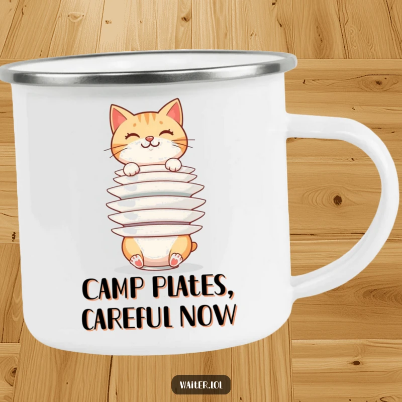 Funny cheerful cat balancing a huge stack of plates precariously on a camping mug, perfect for outdoor adventures, a funny gift.