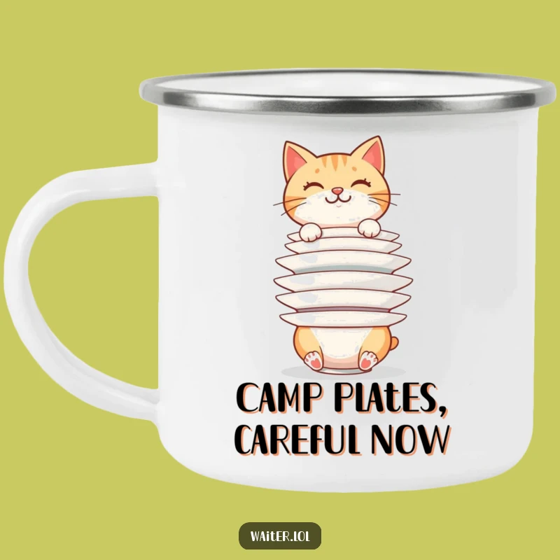 Funny Cat Plate Stacker Camping Mug: Precarious Outdoors, Feline Adventure, Perfect Funny Gift