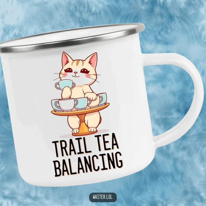 Funny cat camping mug showing a determined cat balancing a tray of teacups, ideal for campers who appreciate humor.