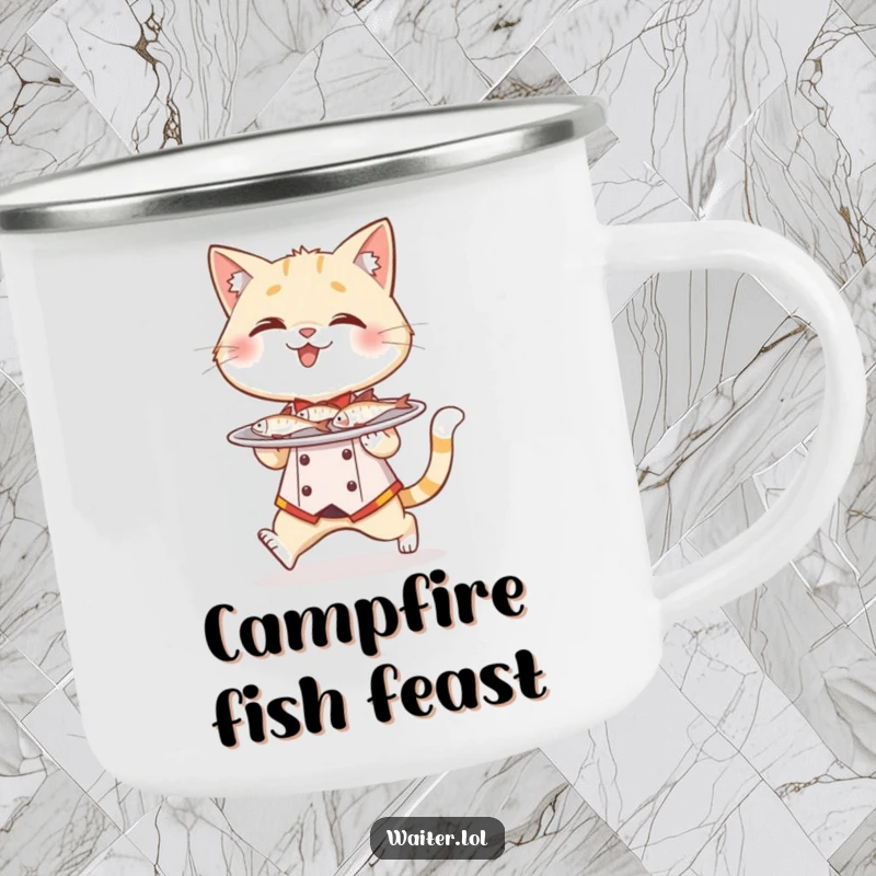 Funny cat waiter camping mug, a giggling cat wearing a waiter uniform tiptoes with a plate of miniature fish outdoors.