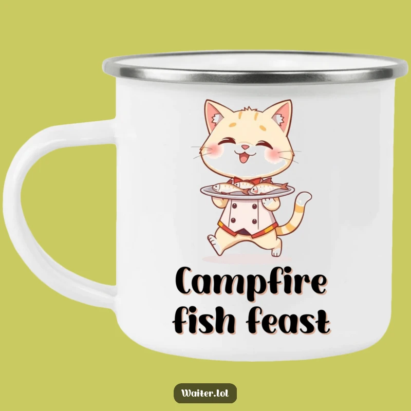Funny Cat Waiter Camping Mug: Fish Plate by the Fire, Gift