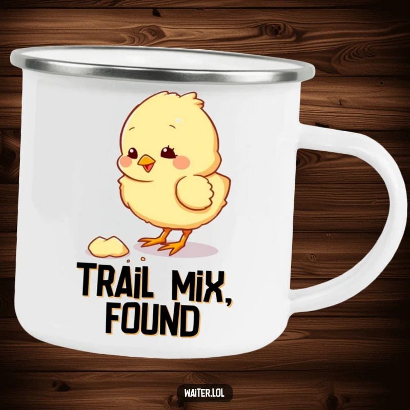 Funny camping mug with a fluffy chick character pecking at a crumb, great for outdoor cheer and humor.