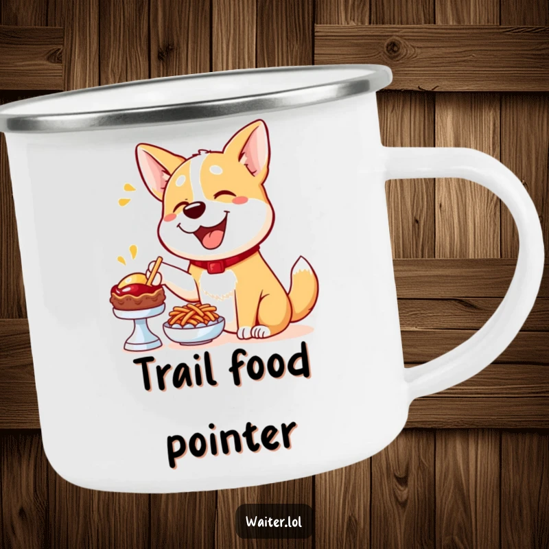 Funny Dog Menu Camping Mug: A happy dog enthusiastically points to a delicious menu item, ready for outdoor enjoyment.